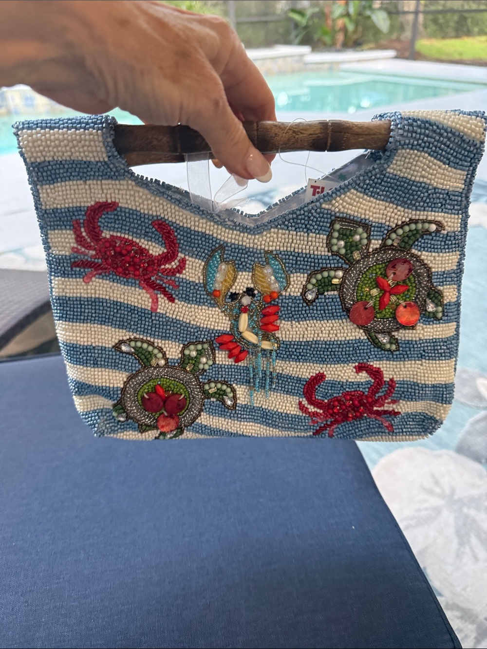 Beaded Coastal Stripe Clutch with Sea Life Embellishments - Blue & White